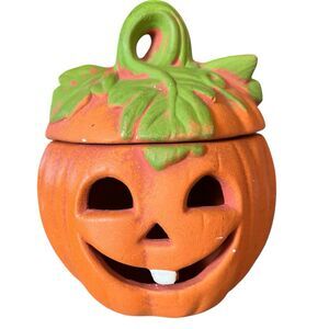 Vtg Terra Cotta Jack o Lantern Votive Holder w/Lid Halloween Decor Toothy Grin